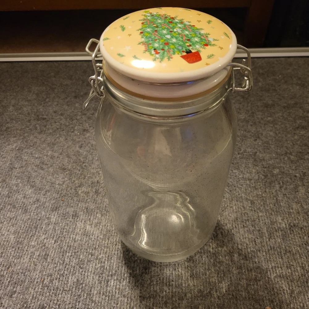 HOLIDAY Glass storage jar.  CHRISTMAS TREE TOP.  HINGED